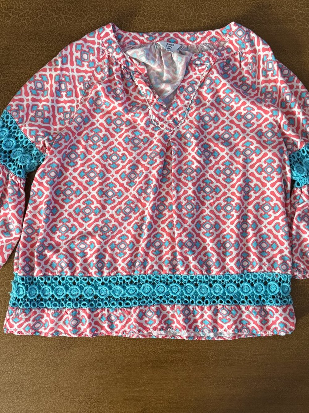 Crown & Ivy Pink & Blue Lace Shirt - Size Petite Large